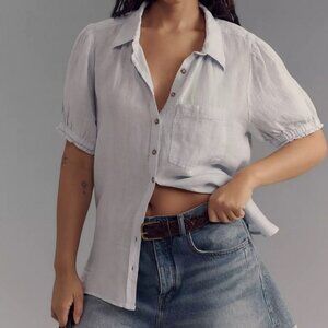 NWT The Aly Linen Puff-Sleeve Blouse by Pilcro Anthropologie Light Blue Top sz L